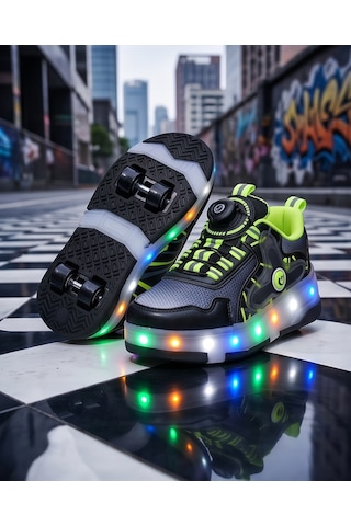 2256-n-drops Led Işıklı Çift Tekerlekli Akıllı Bağcıklı Unisex Çocuk Patenli Ayakkabı Siyah - Yeşil