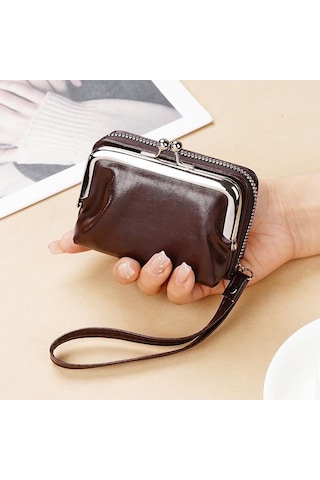 Kahverengi Para Kartı Çantası Bayan Toka Para Çantası 4 İnç Fermuarlı Klip Çanta Debriyajı Kahverengi