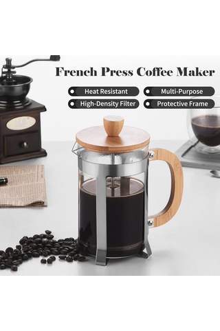 Mufunye 600ml Borosilikat Cam Fransız Presi: Ahşap Kollü, Çelik Filtreli, Kahve/çay Hazırlama, Kolay Temizleme Renkli