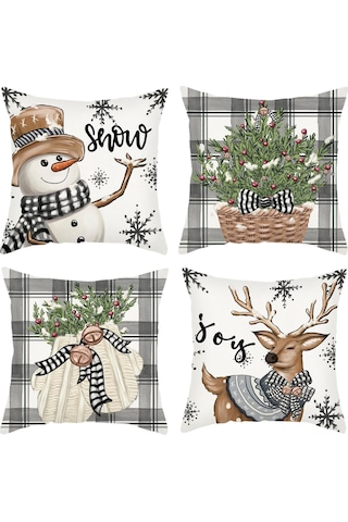 Singree Kış Dekoratif Yastık Kılıfları 4'lü Set, 45x45 Cm, Ayarı Ve Kar Tanesi Desenli Noel Podyum Kılıfları Bej