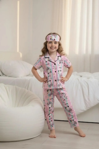 Lillypicca Soft Renkli Desenli Bambu Önden Düğmeli Göz Bantlı Kısa Kol Pijama Takımı 8022 Pembe