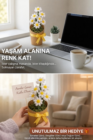 Beyaz Papatya Şönil Çiçek Yapım Kiti - Kendin Yap Hobi Seti Dıy Çiçek Kiti