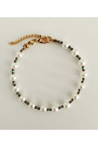 B215 İnci Boncuklu Bileklik Altın - Beyaz