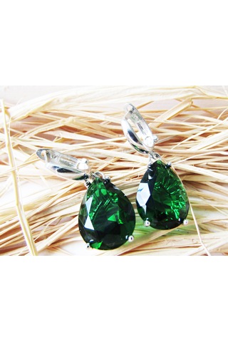 Lilahgümüştr Gümüş Damla Yeşil Taşlı Kadın Küpe