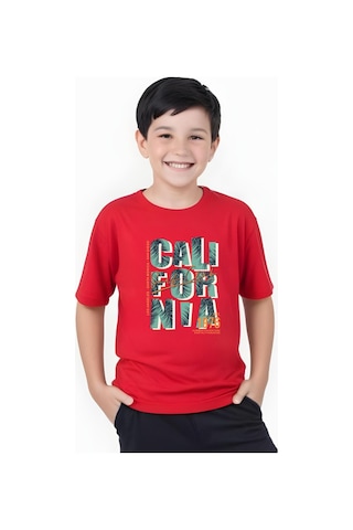 Panios Kids 1976 Cali Baskılı Erkek Çocuk Yuvarlak Yaka Kısa Kollu T-shirt Kırmızı