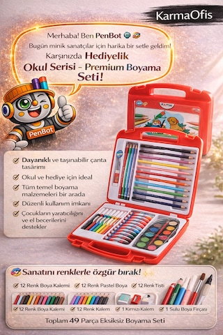 Hediyelik Okul Serisi 49 Parça Boyama Seti Çantalı Sulu Boya, Pastel, Keçeli Ve Kuru Boya Seti