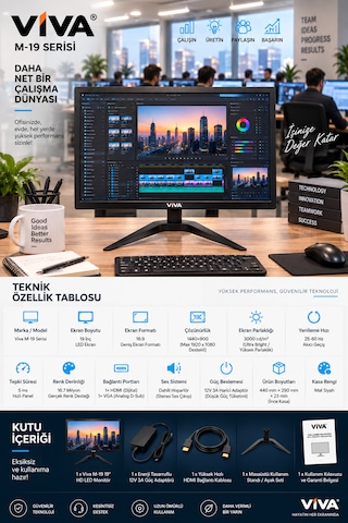 M-19 Premium 19 Led Monitör Ultra Parlak Ekran, Dahili Hoparlör, Hdmı & Vga