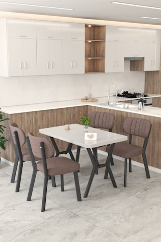 Gnr 70x110cm Sabit Beyaz Mutfak Masası Takımı, Yemek Masası, 4 Modern Kahverengi Sandalye Kahverengi