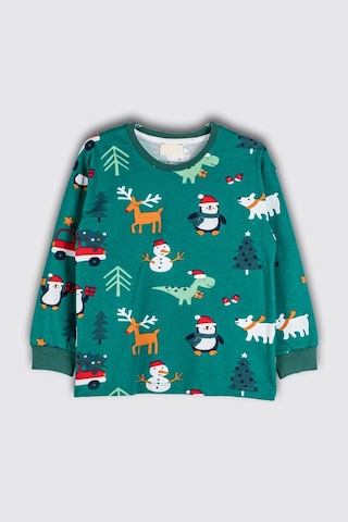 Bunny Hopp Yılbaşı Temalı Pamuk Unisex Çocuk Bisiklet Yaka Kırmızı Pijama Takımı Yeşil