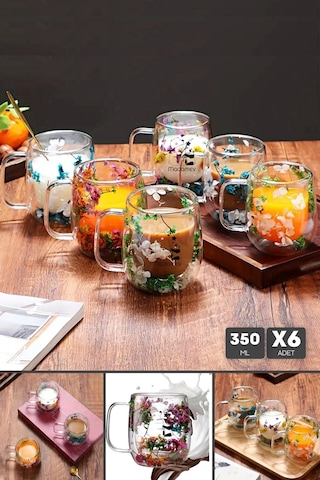 6'lı Çift Çidarlı Flower Cup Çiçekli El Yapımı Borosilikat Bardak 350 Ml Kulplu Kahve Sunum Bardağı Çiçekli