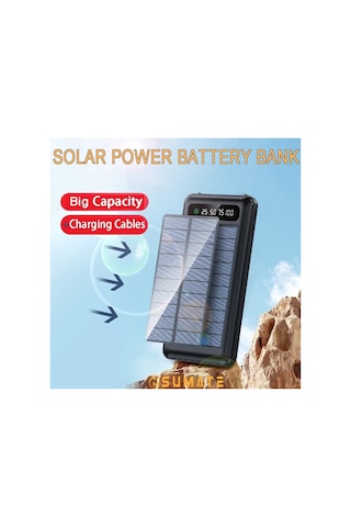 20000 Mah Solar Powerbank Güneş Enerjili Usb Çıkışlı Kablolu Led Işıklı Taşınabilir Şarj siyah