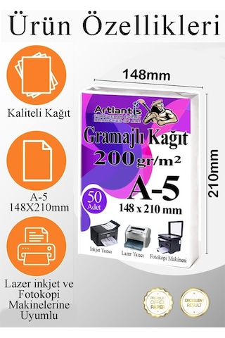A5 Gramajlı Fotokopi Kağıdı 50 Adet 200 Gr Sertifika Kağıdı Kalın Kağıt Baskı Tüm Yazıcılara Uyumlu 14.8x21cm Ofis Büro