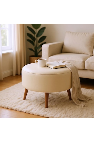 Large Büyük Yuvarlak Modern Puf - 60 Cm - Deri Kumaş - Krem