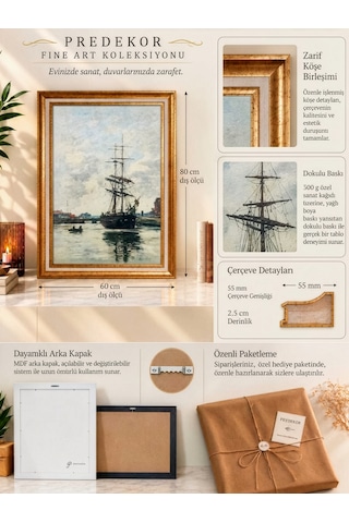 Gold Varaklı Vintage Çerçeveli Büyük Boy Tablo Klasik Yelkenli Gemi Sanat Eseri Dokulu Yağlı Boya Dekoratif Tablosu 50 X 70 Çerçeveli 60 X 80