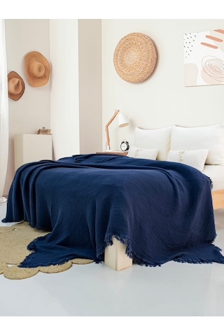 4 Katlı Müslin Yatak Örtüsü - Lacivert Renk Çift Kişilik Pike Lacivert