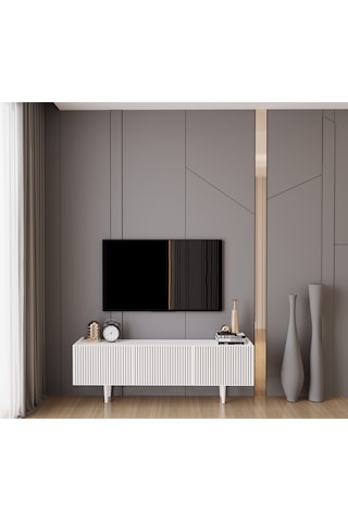 Capella Beyaz Country Mdf 3 Kapaklı Ahşap Ayaklı 140 Cm Tv Ünites