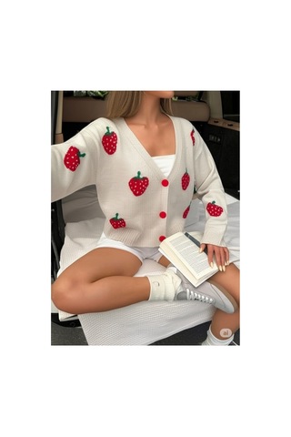 Flex Fashıon Kadın Trend Çilek Detaylı Popüler Yumoş Triko Hırka Taş Taş - 731489809 Taş - 731489809 Taş