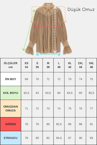 Saade Sââde Kadın Oversize Büzgülü Düşük Omuz Dokulu Gömlek - Manşet Detaylı Koyu Vizon