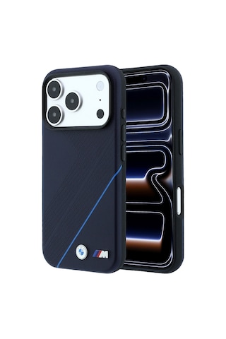 Apple Uyumlu iPhone 18 Pro Max Kılıf Bmw Lisanslı M-safeli M Logolu Lastik İzi Desenli Mavi Çizgili Kapak Laciver Lacivert
