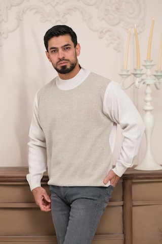 Woolen World Balıkçı Yaka Desenli Yünlü Erkek Triko Kazak Krem