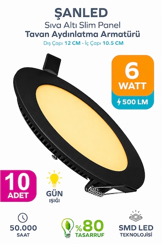 6w Tasarruflu Led Yuvarlak Siyah Kasa Gün Işığı Sıva Altı Panel Aydınlatma Armatür 10 Adettir