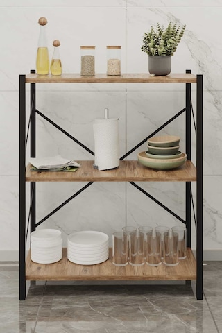 Üç Katli Çok Amaçli Raf Siyah Profil Çam Sunta 60x24x80 Cm Siyah-çam