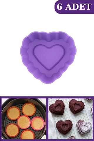 Onikiden Airfryer Silikon Kalp Muffin Kek Kalıbı 6 Lı- Tüm Hava Fritözleriyle Uyumlu Sl11 Lila