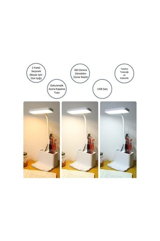 Buffer Kalemlikli Usbli Dokunmatik 3 Kademeli 360 Derece Özel Göz Korumalı Led Lityum Masa Lambası -m11 Beyaz