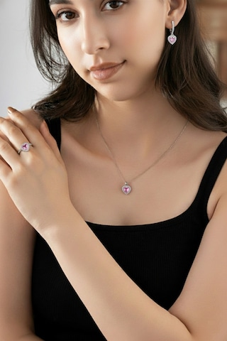 925 Ayar Pembe Taşlı Rodyum Pırlanta Işıltılı Kalp 3'lü Gümüş Set-takım Ayarlanabilir Rs10052 Gümüş