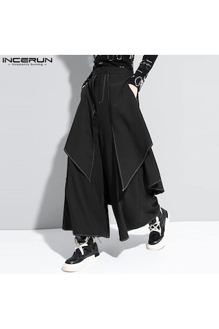 Incerun Sonbahar Sahte İki Parçalı Pileli Düzensiz Etek Uzun Pantolon Siyah