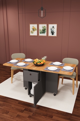 Asra Trend KM-03 %100 MDF 168x70 cm Katlanır Akıllı Mutfak Masası Tekerlekli Servis Masası Koyu Gri Petra