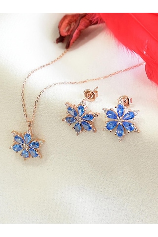 Brezza Lusso Jewelry 925 Ayar Lotus Çiçeği Aquamarin Taşlı Rose Gümüş Kolye Küpe Set 40816220 42 CM 42 CM