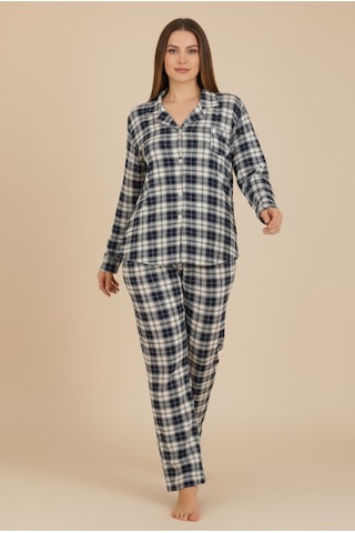 Bravie Luxury Viscose Lacivert Ekose Desenli Kadın Uzun Kollu Büyük Beden Pijama Takımı 42527 Gümüş