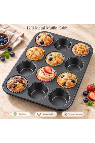 Tilbe Home 12 Gözlü Muffin Cupcake Kek Kalıbı, Karbon Çelik Çift Kat Yapışmaz Kaplamalı Fırın Tepsisi, Brownie, Kurabiye Ve Çörek İçin Porsiyonluk Piş Siyah