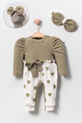 Kız Bebek Kalp Desenli Waffle Bandanalı 2'Li Tulummmm Yeşil