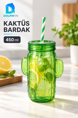 Kaktüs Pipetli Bardak 450 Ml Kapaklı Plastik İçecek Bardağı Çok Renkli