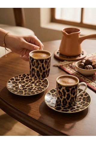 Leopar Desenli Türk Kahvesi Fincan Takımı 2 Kişilik, Altın Detaylı Kahve Fincanı Seti Mavi