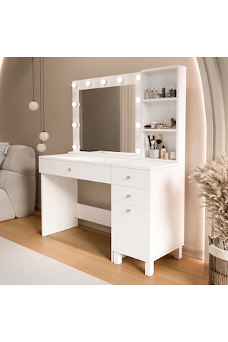 Robin Home Hollywood Makyaj Masası 3 Çekmece Kapaklı Düzenleyici Hollywood Led Işıklı Raflı Beyaz