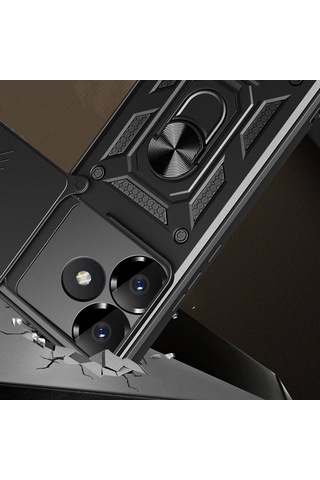 Xiaomi Poco F6 Kılıf Magnetik Standlı Kamera Korumalı Zore Sürgülü Vega Kapak Siyah