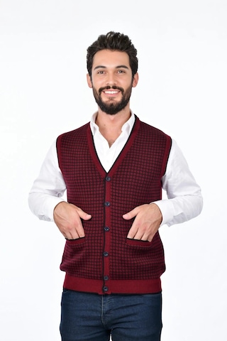 Kamalı Bordo Erkek Çelik Örgü Düğmeli Cepli Kazayağı Desen Tüylenmeyen Triko Kışlık Kazak Yelek Bordo