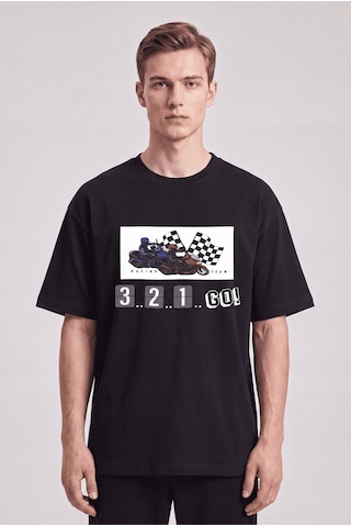 Black Nova Oversize Baskılı Unisex %100 Pamuk T-shirt Racer Siyah