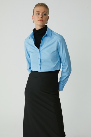 Ethıquet Sıntıa Kadın Slim Fit Dar Kalıp Vücuda Oturan Likralı Poplin Crop Mavi Gömlek