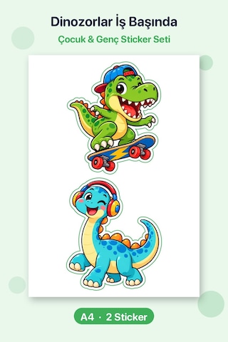 Dinozorlar İş Başında 2 Adet Dev Dinozor Sticker Çıkartma A4 Laptop Etiketi Çok Renkli