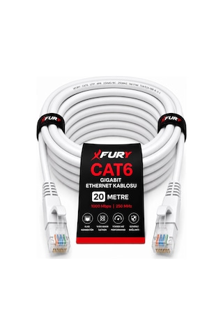 Fury Cat6 Ethernet Kablosu 20 Metre Rj45 Lan İnternet Modem Router Bilgisayar Kablosu