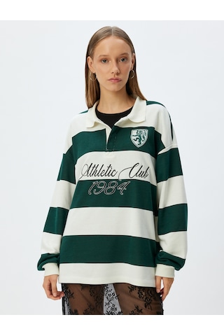 Koton Polo Yaka Sweatshirt Oversize Kolej Baskılı Renk Bloklu Şardonlu Yeşil Çizgili 5wal10214ık Yeşil