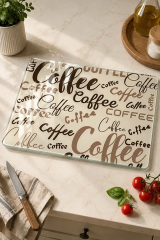 Gökçeoğlu Cam Kesme Tahtası Coffee Temalı - Cam Kesme Tablası 30cm X 40cm Çok Renkli