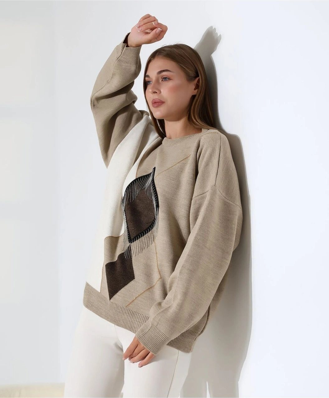 Redmina Fashion Geometrik Desenli Oversize Kadın Kazak Vizon - Kahverengi
