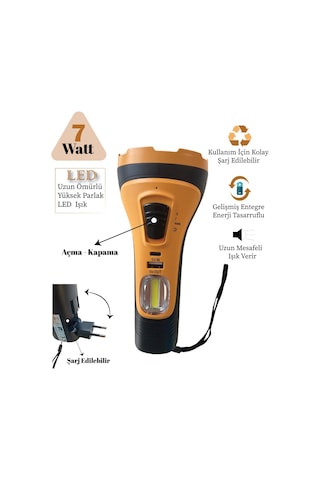 Gold Silver Gs-4275 Şarj Edilebilir El Feneri 7 Watt, Cob Aydınlatmalı Portatif El Feneri Siyah