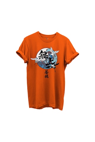 Japon Sanatı Stilinde Turna Kuşları Ve Dalga Desenli %100 Pamuk Regular Fit Unisex T-shirt Turuncu