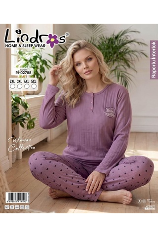 Boyraz Lindros Kadın Düğme Yaka Raporlu İnterlok Kışlık Battal Pijama Takımı 02788 - 1 Adet Mor